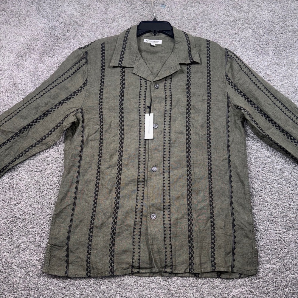 Banana Republic Embroidered Linen Shirt Mens Olive Green Medium NEW - Picture 2 of 8